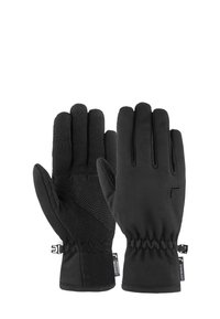 Schwarze Handschuhe mit glattem Obermaterial und strukturiertem, isoliertem Futter. Elastische Manschetten für eine enge Passform und rutschfeste Details auf der Unterseite.