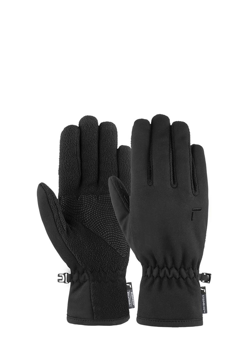 Schwarze Handschuhe mit glattem Obermaterial und strukturiertem, isoliertem Futter. Elastische Manschetten für eine enge Passform und rutschfeste Details auf der Unterseite.