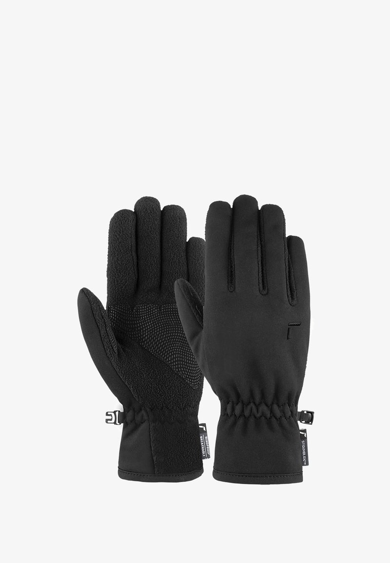 Schwarze Handschuhe mit glattem Obermaterial und strukturiertem, isoliertem Futter. Elastische Manschetten für eine enge Passform und rutschfeste Details auf der Unterseite.