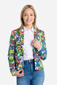 Colorful blazer featuring a playful pattern of cartoon characters and icons on a blue background, with a tailored fit and notched lapels.