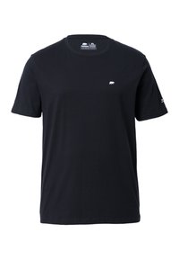Zwart katoenen T-shirt met korte mouwen, ronde halslijn en klein wit berenlogo op de borst. Glad textuur en standaard pasvorm.