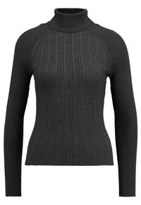 Pull à col roulé en maille côtelée gris foncé avec manches longues et taille ajustée, conçu pour les temps plus frais.