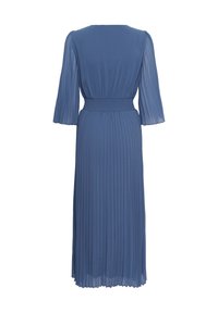 Robe midi bleue avec jupe plissée et manches, taille élastique et encolure ronde, vue de dos.