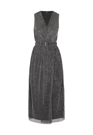 Grey sleeveless dress with a v-neck, textured fabric, belted waist, and pleated skirt, featuring a mid-calf length and subtle sheen.