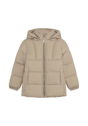Chaqueta acolchada beige con capucha, cremallera frontal, bolsillos laterales y puños elásticos, adecuada para el clima frío.