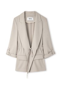 Helle beige Jacke mit strukturiertem Design, mit Schleifenfront, Seitentaschen und hochgekrempelten Ärmeln. Aus glattem Stoff gefertigt.