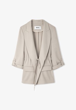 Helle beige Jacke mit strukturiertem Design, mit Schleifenfront, Seitentaschen und hochgekrempelten Ärmeln. Aus glattem Stoff gefertigt.