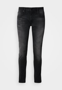 Blugi negri din denim cu o croială slim, design cu cinci buzunare, decolorare subtilă și cusături în contrast. Au un sistem clasic de închidere cu buton metalic și fermoar.