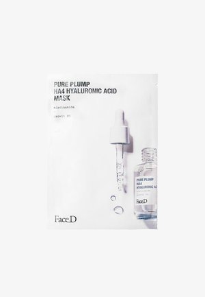 Hyaluronic acid mask packet in white with black text. Features a dropper and liquid droplets, labeled with ingredients: niacinamide, provit B5.
