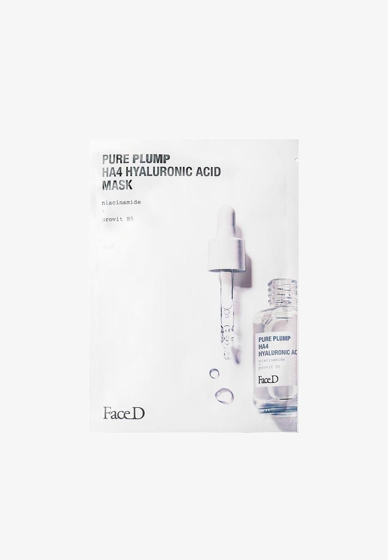 Pacchetto di maschera all'acido ialuronico in bianco con testo nero. Presenta un contagocce e gocce di liquido, etichettato con ingredienti: niacinamide, provitamina B5.