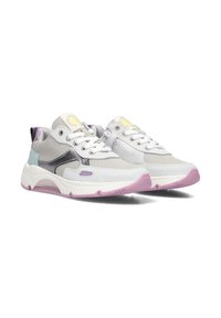 Grijze en pastel sneakers van mesh en suède. Voorzien van een rubberen zool, witte veters en accenten in lichtblauw en lavendel.