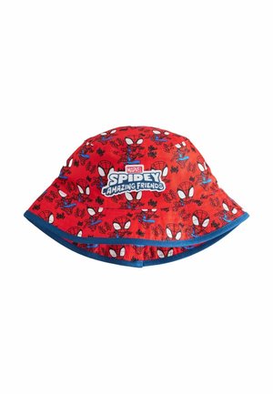 Roter Eimerhut mit blauem Rand, verziert mit mehreren Spider-Man-Gesichtern und dem "Marvel Spidey Amazing Friends"-Logo auf der Vorderseite.