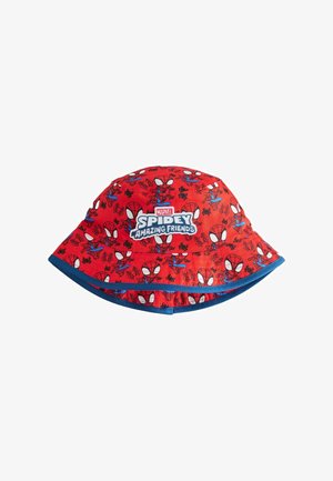 Sombrero tipo gorra rojo con ribete azul que presenta múltiples caras de Spider-Man y el logo "Marvel Spidey Amazing Friends" en el frente.