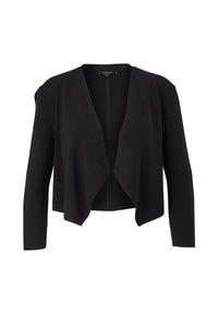 Cardigan noir à manches longues, ouvert sur le devant, avec un ourlet drapé et asymétrique, sans boutons ni fermetures, présenté sur fond blanc.