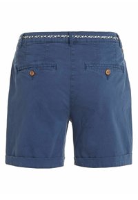 Marineblauwe shorts van lichtgewicht stof, met een bloemenpatroon op de tailleband, knoopzakken aan de achterkant en omgeslagen zoom.