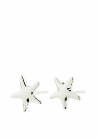 Pendientes de estrellas plateadas con forma de estrella, con una superficie lisa y pulida. Cuentan con un cierre de poste sencillo para facilitar su uso.