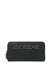 Portafoglio nero con una texture in pelle liscia, caratterizzato da un logo "LOVE MOSCHINO" in tono dorato sulla parte anteriore e una chiusura con zip laterale.
