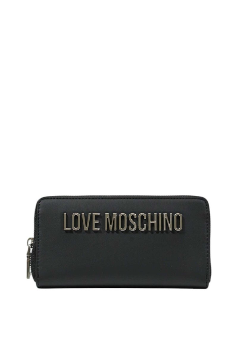 Portafoglio nero con una texture in pelle liscia, caratterizzato da un logo "LOVE MOSCHINO" in tono dorato sulla parte anteriore e una chiusura con zip laterale.