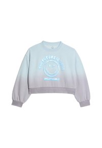 Sudadera corta de color azul claro con un degradado a gris, que presenta un gráfico de una cara sonriente y el texto "EL FUTURO ESTÁ AQUÍ" en azul. Tejido suave.
