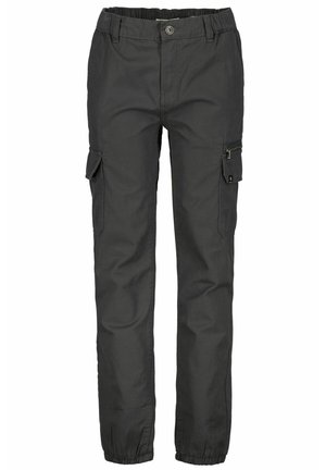 Cargo pants in dark gray fabric, featuring elastic waistband, multiple pockets including one zippered, and cuffed hems for adjustable fit.