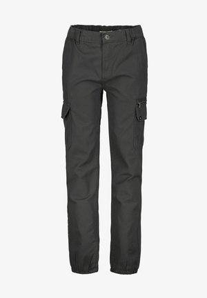 Cargo bukser i mørkegrå stof, med elastisk talje, flere lommer inklusiv en med lynlås, samt manchetter i bunden for justerbar pasform.