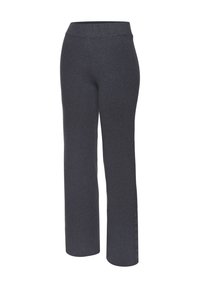 Dunkelgraue, weiche Sporthosen aus Stoff mit breitem Bund, geradem Bein und einem dezenten Logo-Detail am Saum.