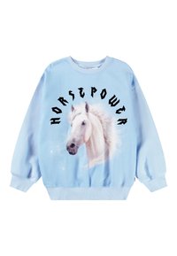 Világoskék pulóver, amelyen egy nagy fehér ló grafika látható, körülötte pedig vastag fekete betűkkel a "HORSEPOWER" felirat olvasható. Puha anyagú, bordázott mandzsettákkal.