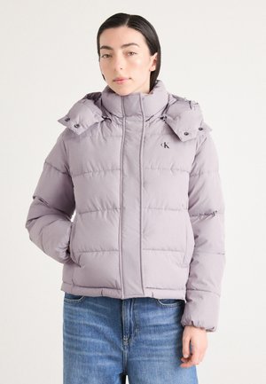 Light purple puffer jacket with a high collar, full zipper, and horizontal stitching. Features a logo on the left chest and detachable hood.
