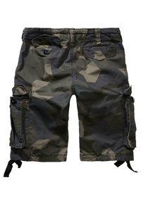 Kamouflage cargoshorts i mörka gröna och svarta nyanser. Har flera fickor, justerbara snören i fållen och ett bomullsblandat material.