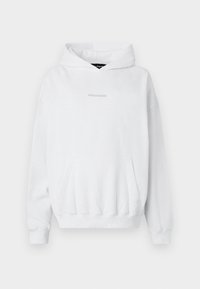 Sweat à capuche blanc avec une poche frontale, arborant un logo "PEGADOR" discret en gris clair. Confectionné en tissu doux et texturé avec des poignets côtelés.