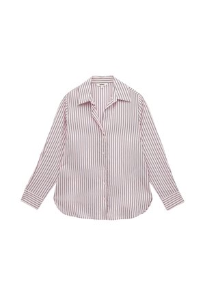 Chemise boutonnée à manches longues avec des rayures verticales bleu marine sur tissu rose clair, col pointu et ourlet arrondi.