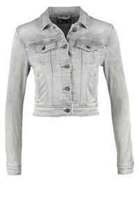 Cropped grey denim jacket with long sleeves, button closure, two chest pockets, contrast stitching, and a classic collar design.