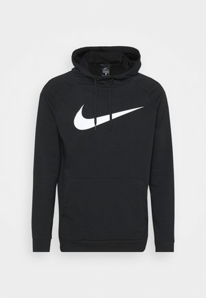 Sweat-shirt noir avec une poche avant, capuche à cordon de serrage et logo Nike blanc. Il présente des manches raglan et une texture de tissu douce.