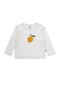 White long-sleeve shirt with a yellow lemon design, featuring green leaf accents. Made from soft fabric with snap button closure at the shoulder.