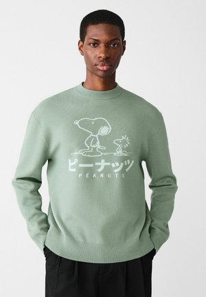 Mann mit einem hellgrünen Pullover, auf dem Snoopy und Woodstock aus dem Cartoon sowie der japanische Text "Peanuts" abgebildet sind, der mit den Händen in den Taschen vor einem weißen Hintergrund posiert.