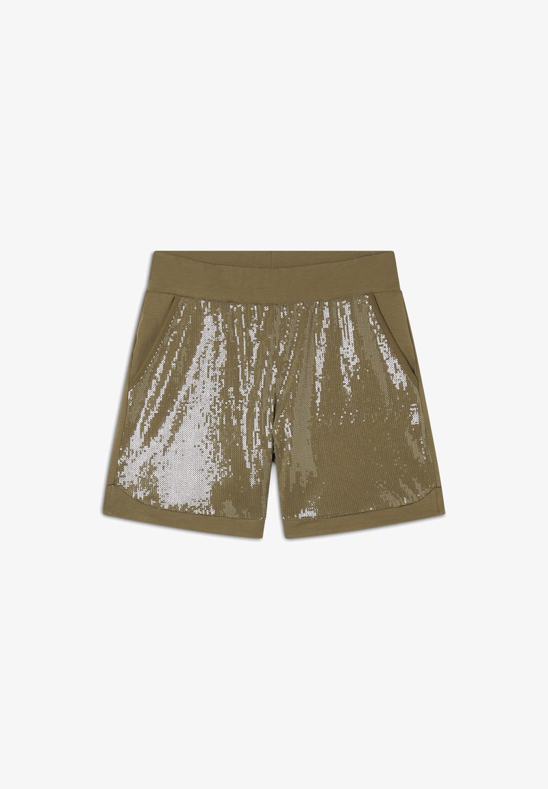 Shorts color verde oliva con una vita in tessuto morbido e un frontale coperto di paillettes. Presentano due tasche laterali e un design dalla vestibilità rilassata.