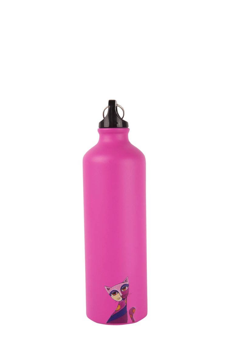 Pink stainless steel water bottle with a matte finish, featuring a cartoon cat design and a black flip-top lid with a metal loop.