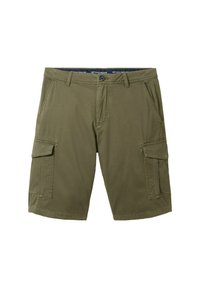 Pantalones cortos de carga verde olivo hechos de tejido de mezcla de algodón, con dos bolsillos laterales y dos bolsillos de carga, con cierre de botón y cintura con trabillas.