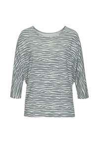 Gestreiftes Oberteil in Grau und Weiß mit lockerer Passform, dreiviertel Ärmeln und weichem Material. Es hat einen runden Ausschnitt und horizontale Muster.