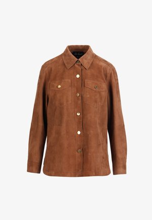 Rjava zamsasta srajca-jakna z dolgimi rokavi, z zlatimi sponkami na sprednji strani, dvema prsnostnima žepoma z zlatimi zaponkami in špičatim ovratnikom.