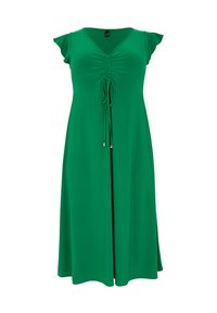 Groene, knielange jurk met korte mouwen, voorzien van een V-hals, geplooide details en een trekkoord in de taille. Glad fabric met een vloeiende uitstraling.