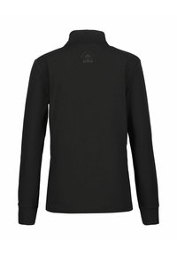 Black long-sleeve pullover with a high collar, featuring a small logo centered near the upper back.