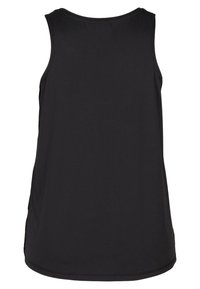 Schwarzes ärmelloses Tanktop aus glattem Stoff, mit einem leicht gebogenen Halsausschnitt und einem geraden Saum mit seitlichen Schlitzen.