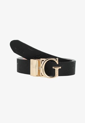 Cintura in pelle nera con fibbia a forma di G in oro e design in rilievo. Texture liscia con forma classica e lunghezza regolabile.