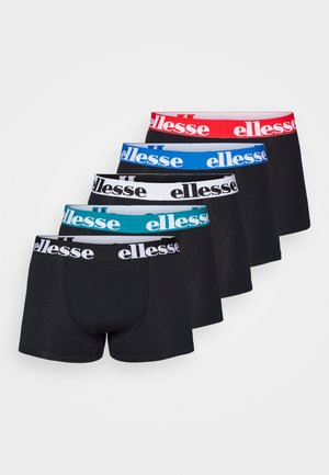 Fünf Paar schwarze Boxershorts mit elastischem Bund in Rot, Blau, Weiß und Türkis, die das "ellesse"-Logo in kontrastierender Farbe aufweisen.