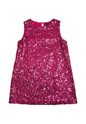 Vestito senza maniche, rosa acceso coperto di paillettes, con scollo rotondo e chiusura con bottoni sul retro, progettato per bambini.