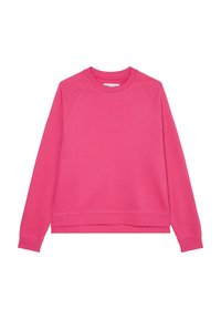 Lyserød langærmet sweatshirt med rund hals og subtilt logo-tekst centreret på brystet, med ribstrikkede ærmekanter og kant.