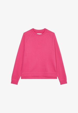 Bright pink long-sleeve sweatshirt with crew neck and subtle logo text centered on the chest, ribbed cuffs, and hem.