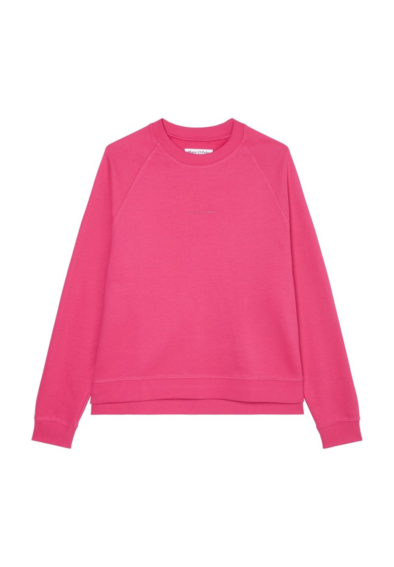 Lyserød langærmet sweatshirt med rund hals og subtilt logo-tekst centreret på brystet, med ribstrikkede ærmekanter og kant.