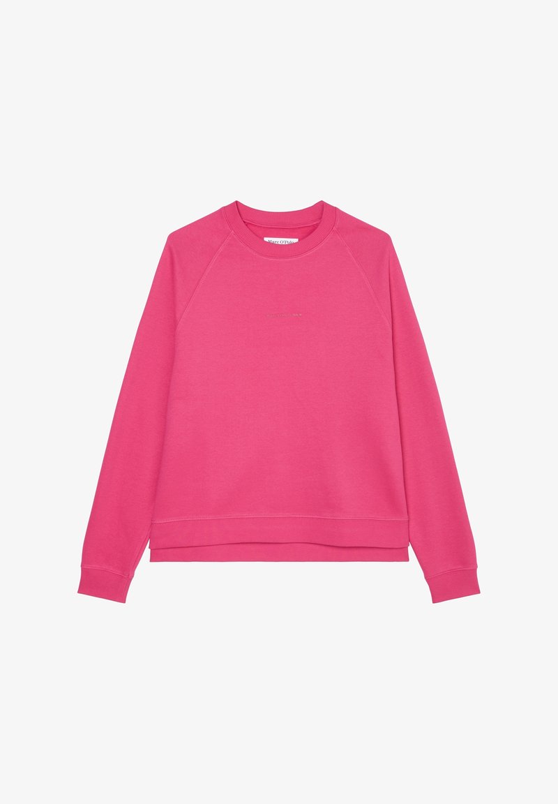 Lyserød langærmet sweatshirt med rund hals og subtilt logo-tekst centreret på brystet, med ribstrikkede ærmekanter og kant.